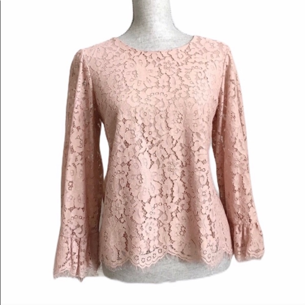 Rose & Olive Blush Lace Bell Sleeve Blouse Eyelash Hem Womens Medium